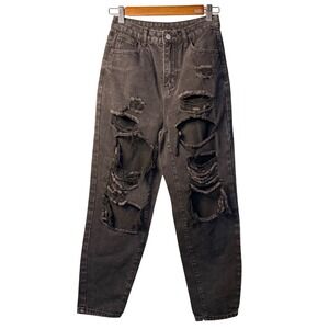 SHEIN Distressed Jeans Charcoal Ripped High Waisted Edgy Grunge Denim Women XS 2
